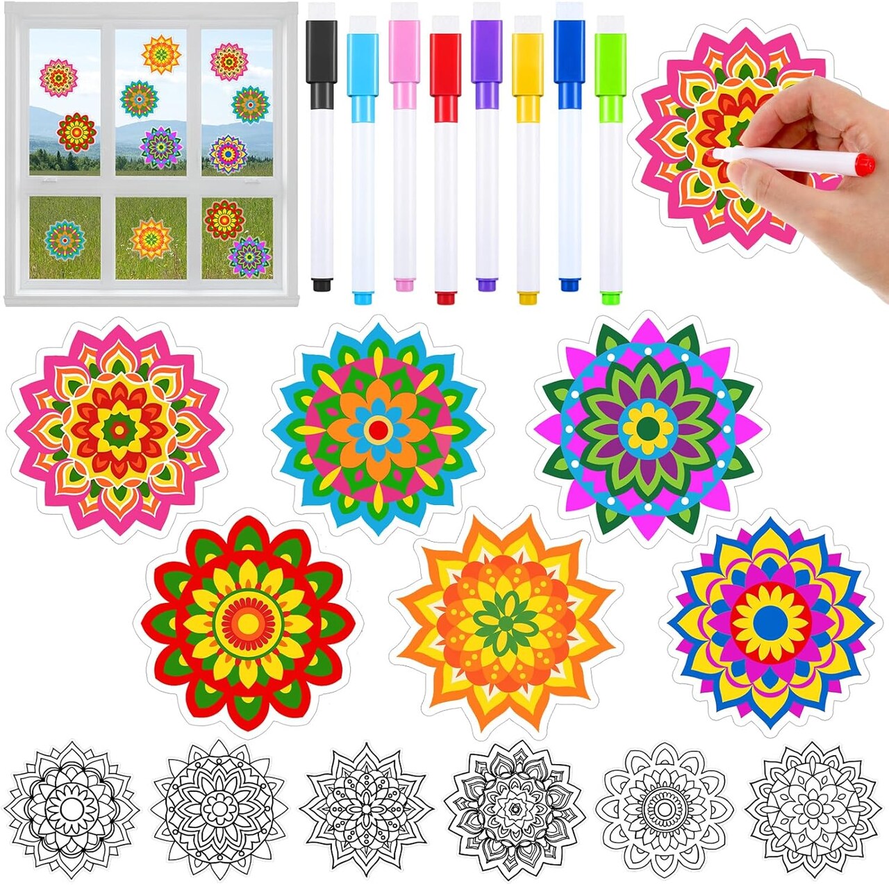 36PCS Stained Glass Mandala Window Clings Kit with 8 Markers – DIY Color Your Own Suncatchers, Holi & Diwali Rangoli Window Art Craft Set for Adults, Seniors & Beginners